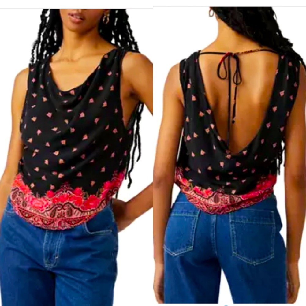 Free People Silas Printed Tank Top Size XS Black Combo Sleeveless Pullover NEW